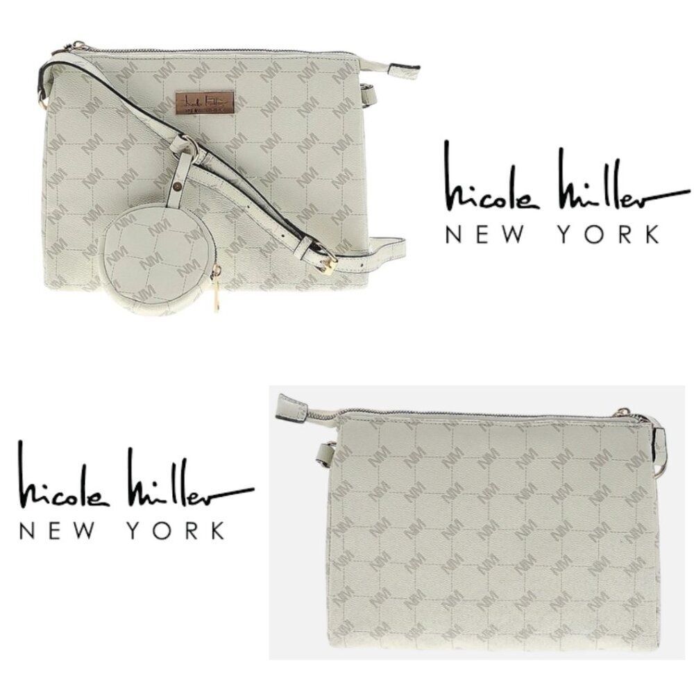 NWT - Nicole Miller White Monogram Crossbody Purse with Coin Pouch